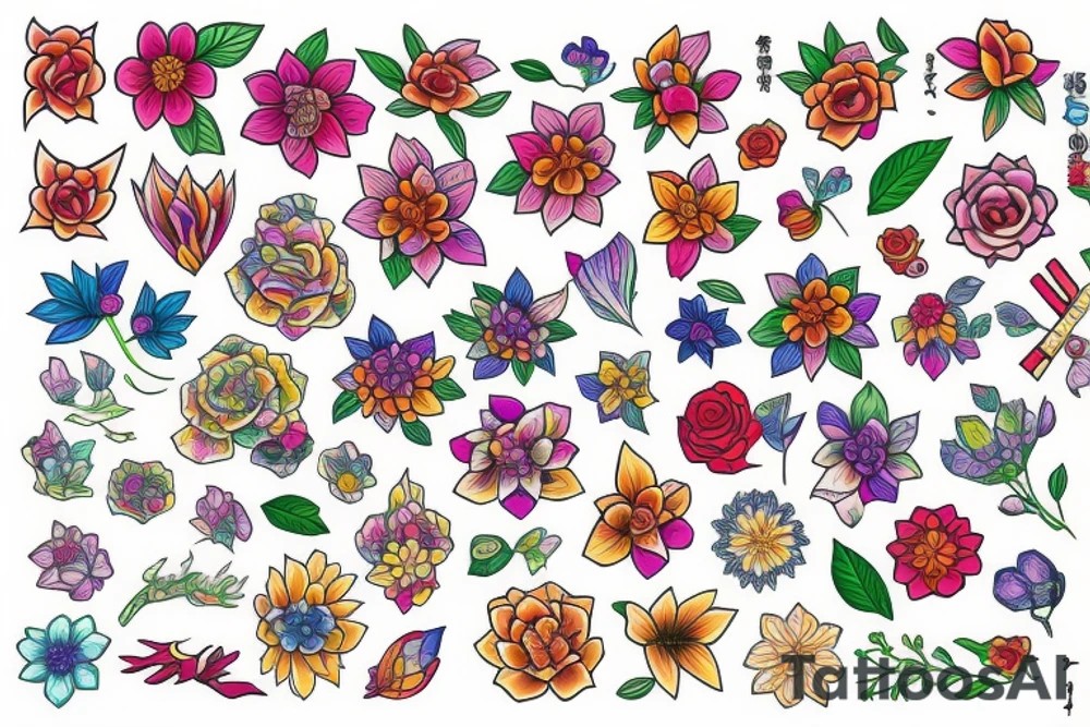 colorful flowers tattoo idea