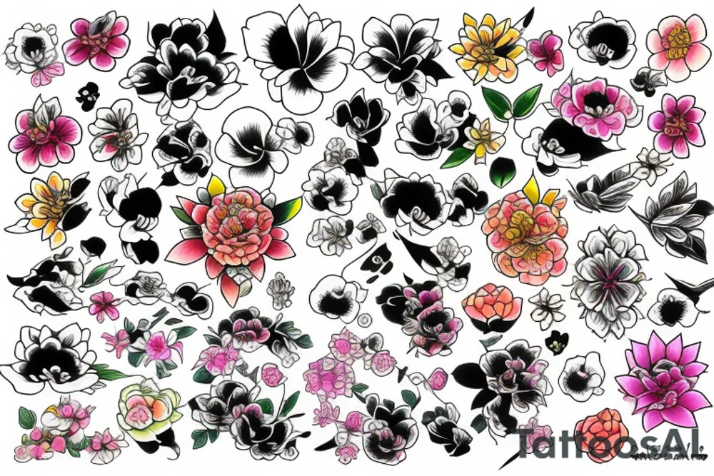 colorful flowers and japanese drawings tattoo idea
