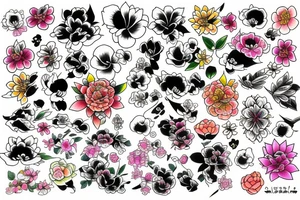 colorful flowers and japanese drawings tattoo idea
