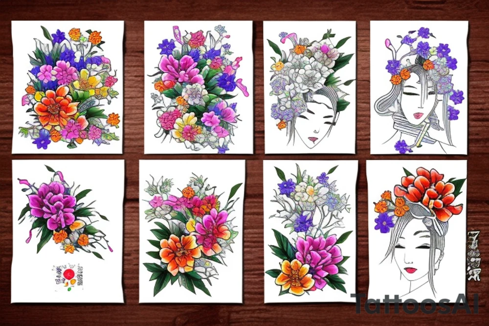 colorful flowers and japanese drawings tattoo idea