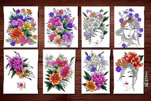 colorful flowers and japanese drawings tattoo idea