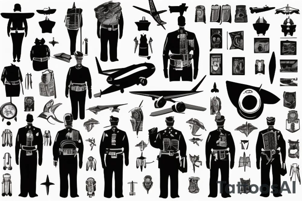 the guard stands in the middle of the airport and looks at the plane tattoo idea
