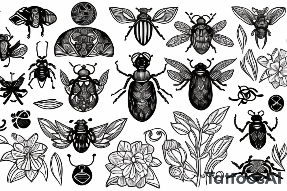 Fine line Scarab beatle with floral designs on body tattoo idea
