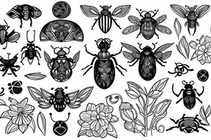 Fine line Scarab beatle with floral designs on body tattoo idea