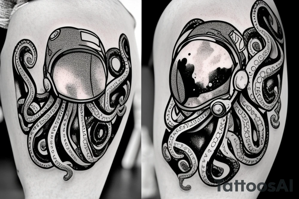 an octopus wearing an astronaut helmet, with the galaxy in the background, inside of a rhombus. tattoo idea