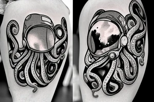 an octopus wearing an astronaut helmet, with the galaxy in the background, inside of a rhombus. tattoo idea