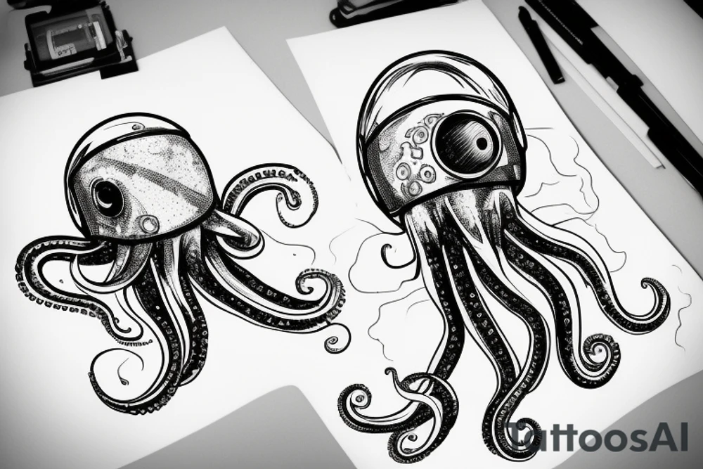 an octopus wearing an astronaut helmet, with the galaxy in the background, inside of a rhombus. tattoo idea