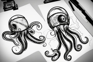 an octopus wearing an astronaut helmet, with the galaxy in the background, inside of a rhombus. tattoo idea
