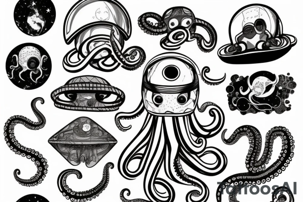 an octopus with 8 tentacles wearing an astronaut helmet, with the galaxy in the background, inside of a rhombus, white background tattoo idea