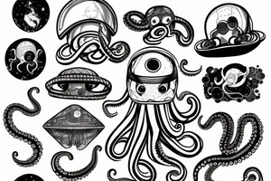 an octopus with 8 tentacles wearing an astronaut helmet, with the galaxy in the background, inside of a rhombus, white background tattoo idea