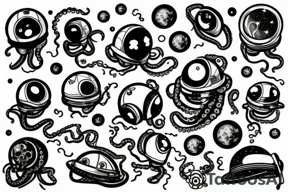 an octopus with 8 tentacles wearing an astronaut helmet, with the galaxy in the background, inside of a rhombus, white background tattoo idea