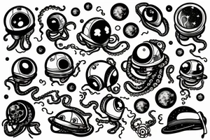 an octopus with 8 tentacles wearing an astronaut helmet, with the galaxy in the background, inside of a rhombus, white background tattoo idea