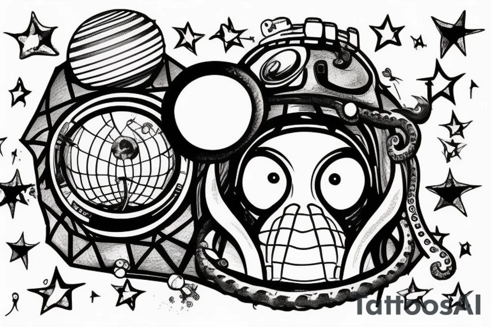 an octopus wearing an astronaut helmet, stars and planets in the background, inside of a rhombus. tattoo idea