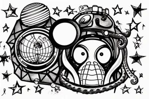 an octopus wearing an astronaut helmet, stars and planets in the background, inside of a rhombus. tattoo idea