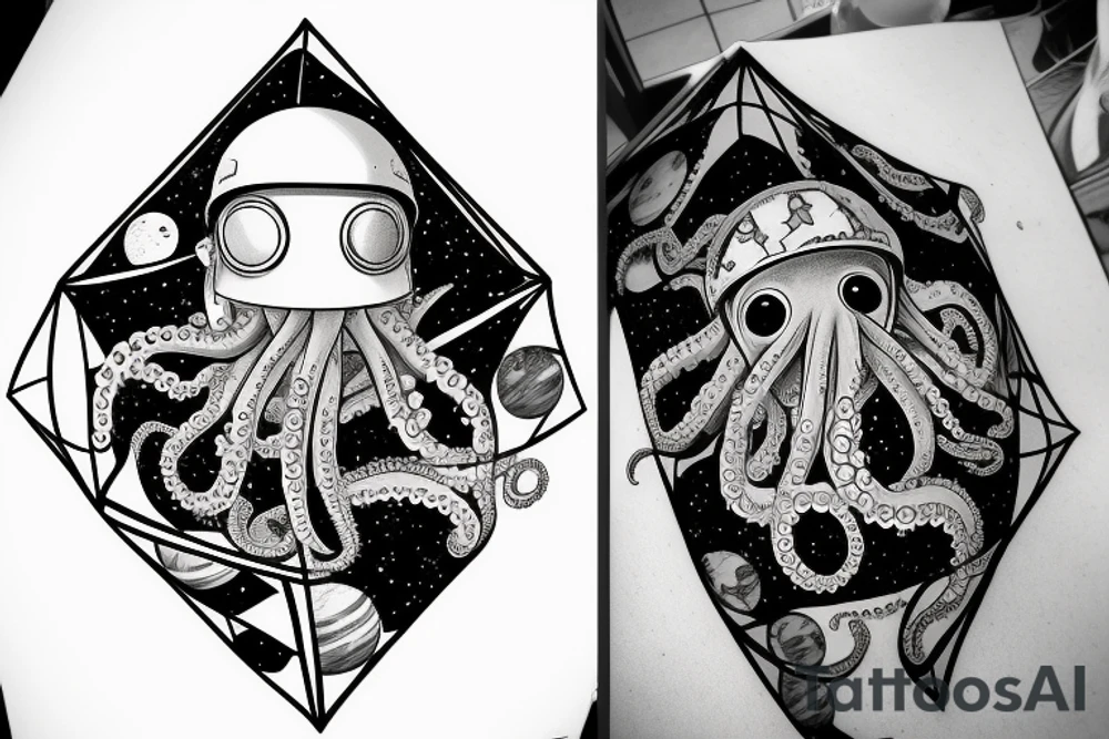 an octopus wearing an astronaut helmet, stars and planets in the background, inside of a rhombus. tattoo idea