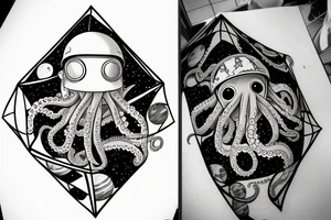 an octopus wearing an astronaut helmet, stars and planets in the background, inside of a rhombus. tattoo idea