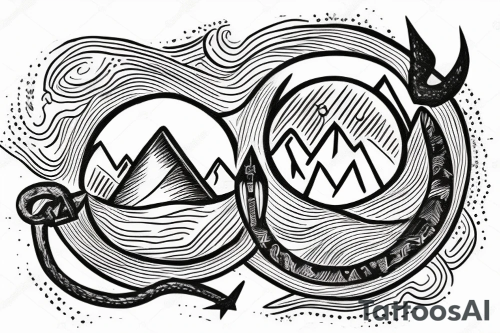 Mountain scene with ouroboros behind it and a fermata symbol in sky tattoo idea