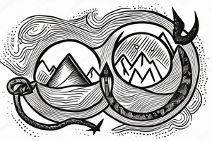 Mountain scene with ouroboros behind it and a fermata symbol in sky tattoo idea