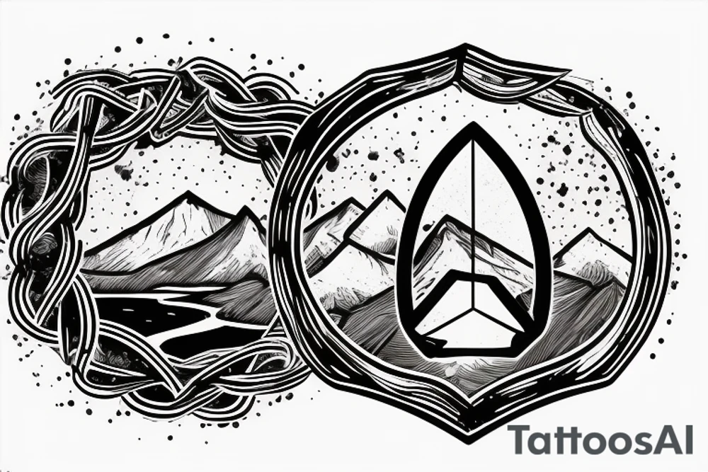 Mountain scene with ouroboros behind it and a fermata symbol in sky tattoo idea