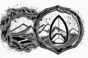 Mountain scene with ouroboros behind it and a fermata symbol in sky tattoo idea