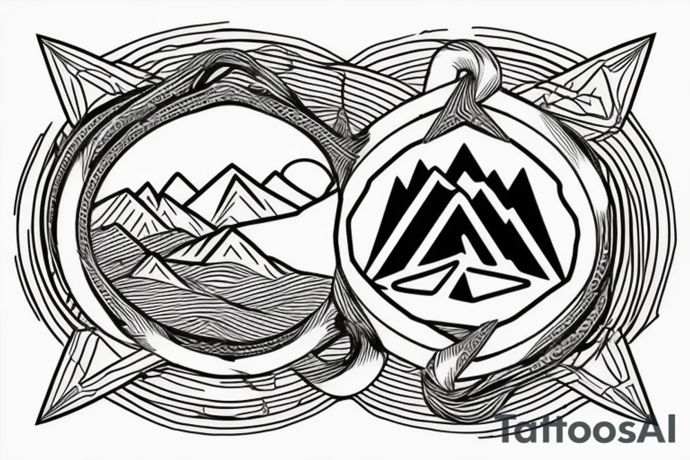 Mountain scene with ouroboros behind it and a fermata symbol in sky tattoo idea