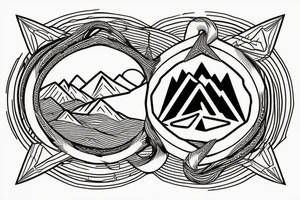 Mountain scene with ouroboros behind it and a fermata symbol in sky tattoo idea