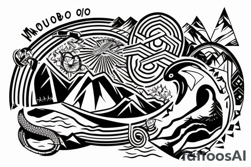 Mountain scene with ouroboros behind it tattoo idea