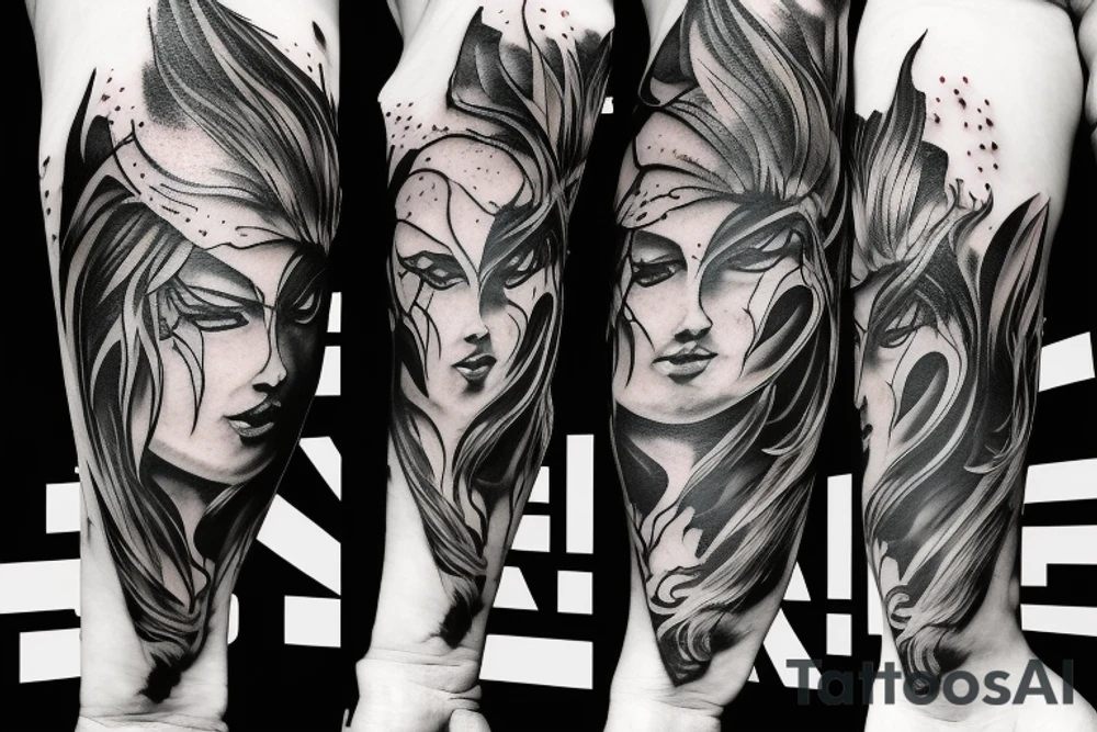 Angry warrior, messy hair, smoke around tattoo idea