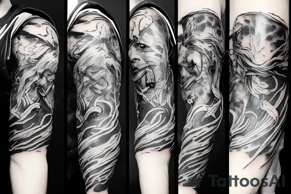 Angry warrior, messy hair, smoke around tattoo idea