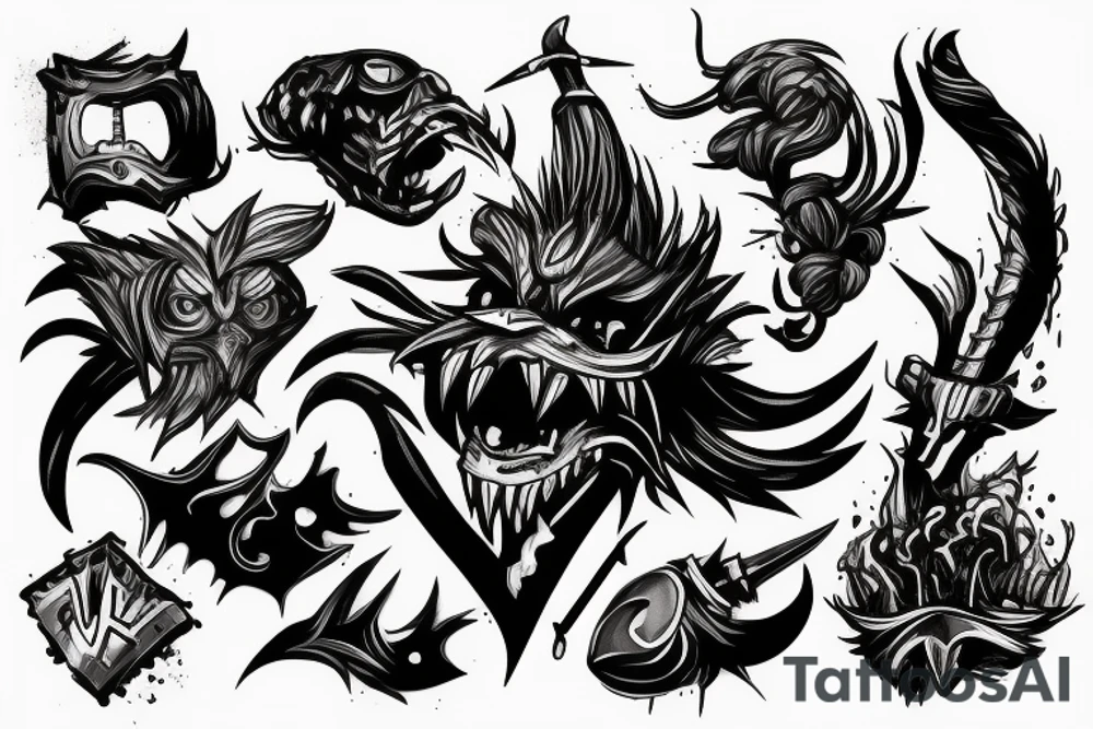 Angry warrior, messy hair, smoke around tattoo idea