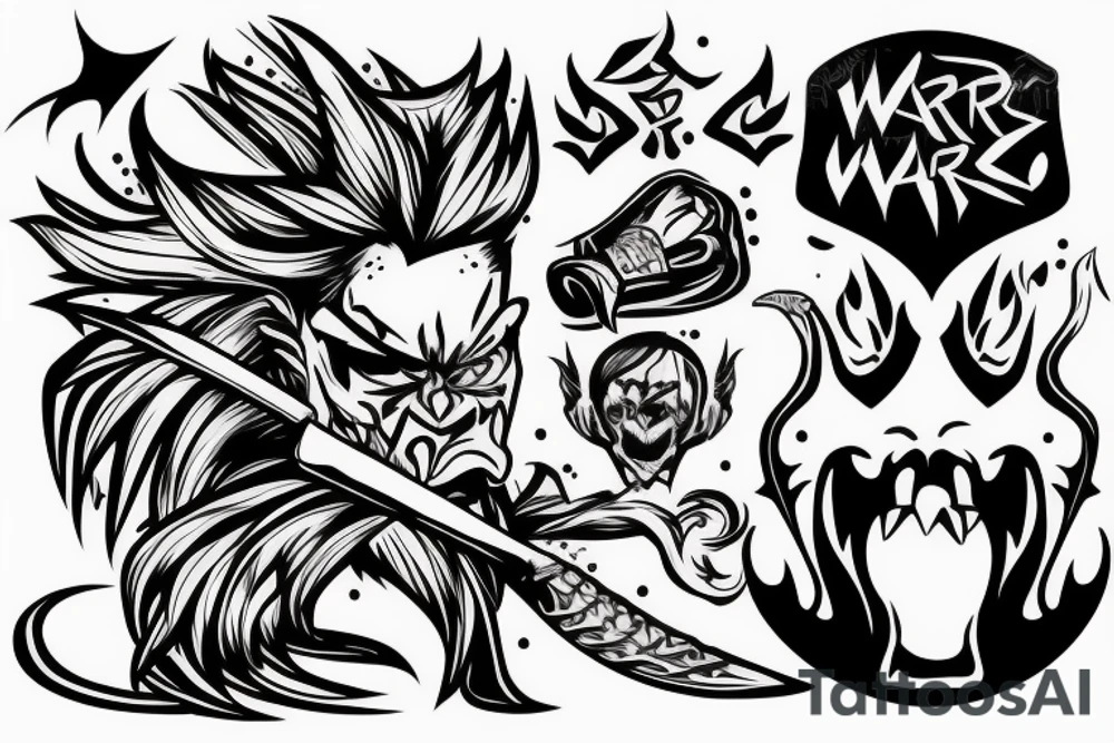 Angry warrior, messy hair, smoke around tattoo idea