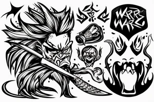Angry warrior, messy hair, smoke around tattoo idea