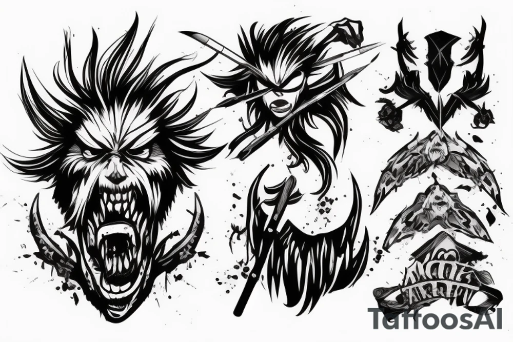Angry warrior, messy hair, smoke around tattoo idea