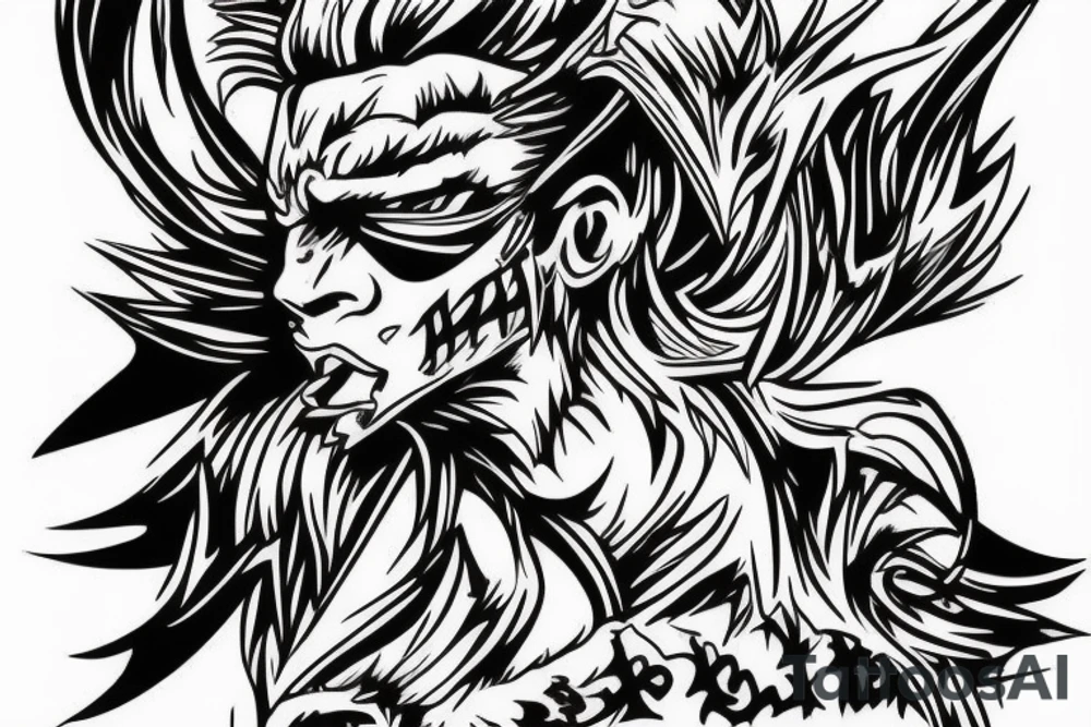 Angry warrior, messy hair, smoke around tattoo idea
