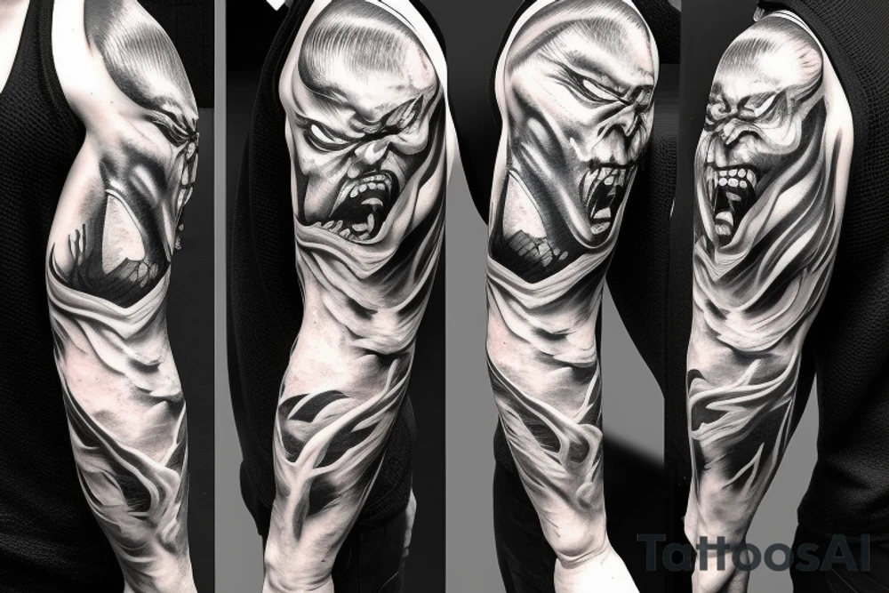 Ultra realistic silvester stalone face as angry warrior shouting with lots of smoke around tattoo idea