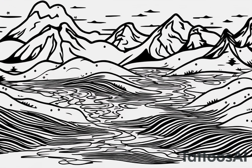 Mount Rainier with a river coming down. In the river are two Native American designed salmon. A Native American designed sun is over the mountain. tattoo idea