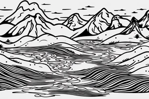 Mount Rainier with a river coming down. In the river are two Native American designed salmon. A Native American designed sun is over the mountain. tattoo idea