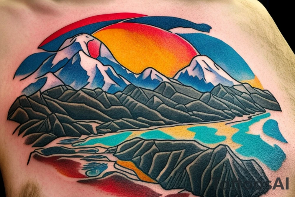 Mount Rainier with a river coming down. In the river are two Native American designed salmon. A Native American designed sun is over the mountain. tattoo idea