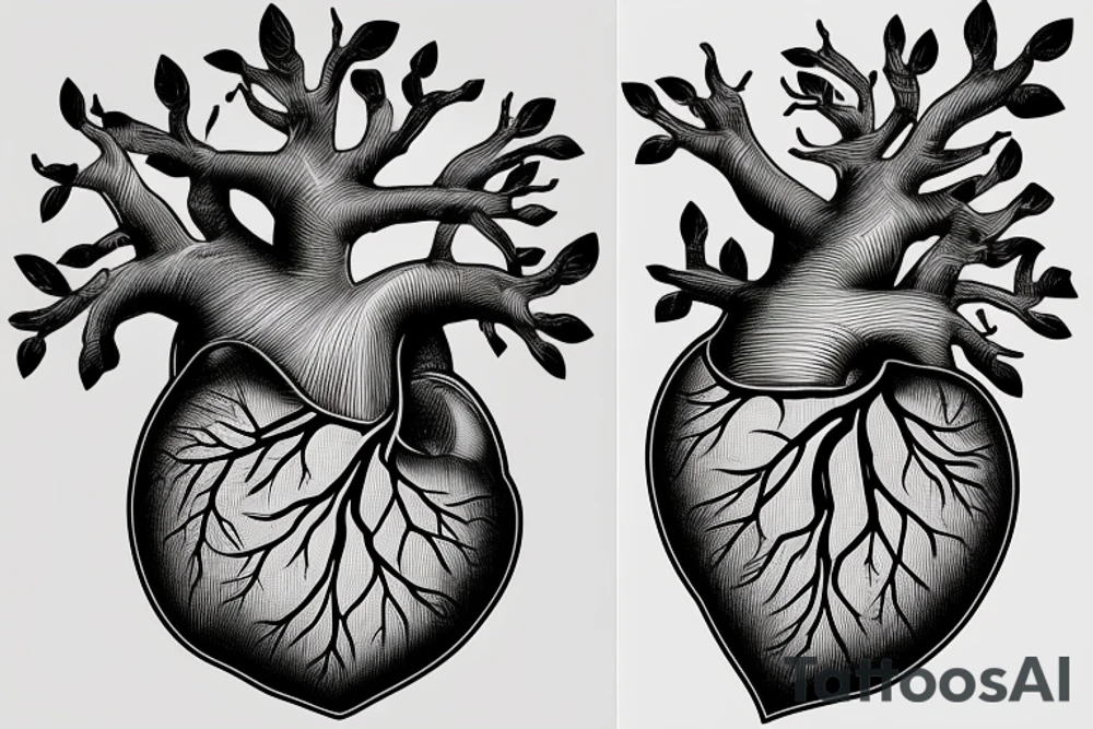 anatomical heart with roots coming out of the bottom and branches and leaves coming out of the valves at the top tattoo idea