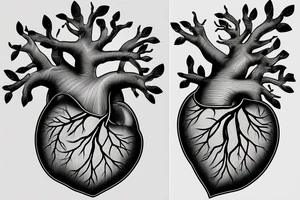 anatomical heart with roots coming out of the bottom and branches and leaves coming out of the valves at the top tattoo idea