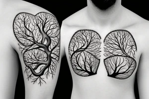 anatomical heart with roots coming out of the bottom and branches and leaves coming out of the valves at the top tattoo idea