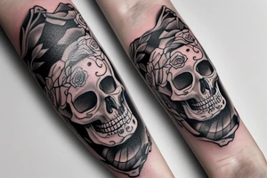 Skeleton watch combined with compas rose and with names: Riv & Luna tattoo idea