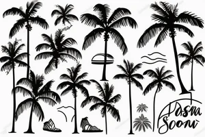 sunset over ipanema beach in rio de janeiro with palm trees, ocean waves and foot prints on the sand tattoo idea