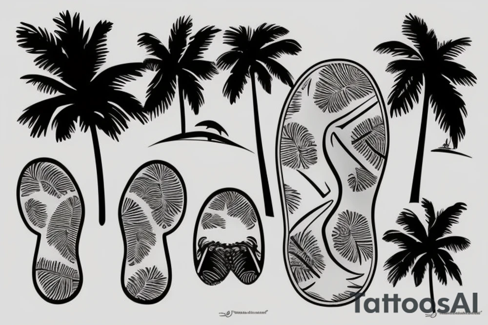 sunset over ipanema beach in rio de janeiro with palm trees, ocean waves and foot prints on the sand tattoo idea