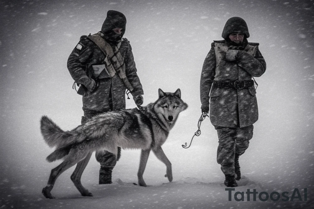 A Russian Soldiers walks trough a snowstorm together with his wolf. tattoo idea