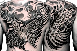 a phoenix that flys while flames and ashes sourround him. whole tattoo on a male back tattoo idea