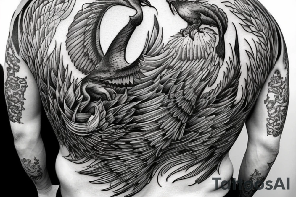 a phoenix that flys while flames and ashes sourround him. whole tattoo on a male back tattoo idea