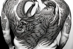 a phoenix that flys while flames and ashes sourround him. whole tattoo on a male back tattoo idea