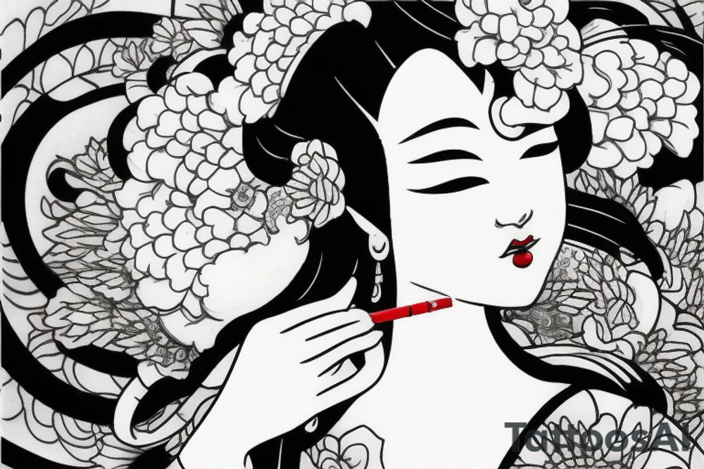 Geisha smoking a cigarette in irezumi style tattoo idea