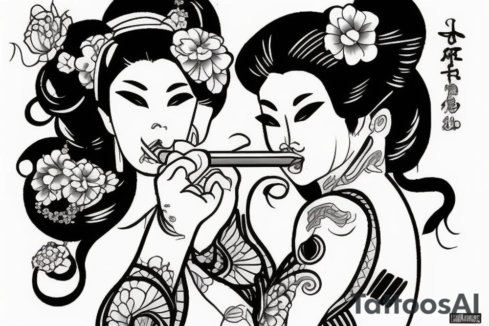 Geisha smoking a cigarette in irezumi style tattoo idea